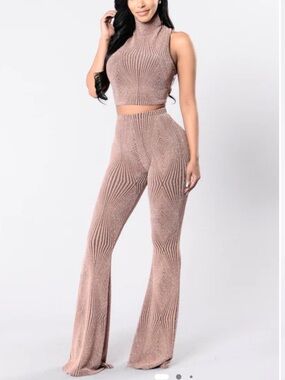 Fashion Nova Brown Textured Knit Flared two piece set